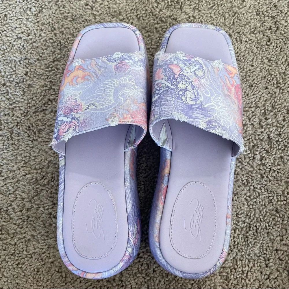 I.AM.GIA. Ila Slides Platforms Purple Newport Tattoo Print Size 9